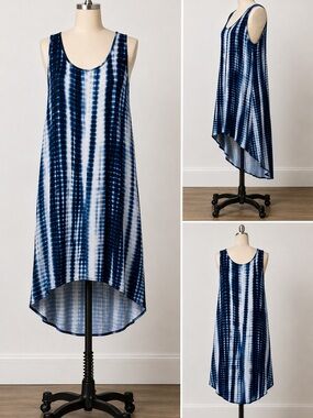 Blue White Tie Dye High Low Dress Women’s Sleeveless Scoop Neck Med. Casual Boho